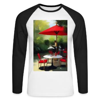 Asiatisches Cafe im Freien - Unisex Baseballshirt langarm - Weiß/Schwarz - Vorne - Nik (191cm)