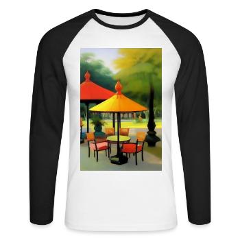 Asiatisches Cafe im Freien - Unisex Baseballshirt langarm - Weiß/Schwarz - Vorne - Nik (191cm)
