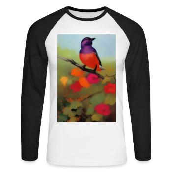 Oiseau sur branche avec des fleurs colorées - T-shirt baseball manches longues Homme - blanc/noir - Devant - Nik (191cm)