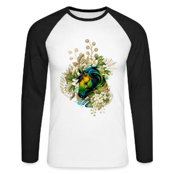 Wunderschönes buntes Pferd mit Blumen, - Unisex Baseballshirt langarm - Weiß/Schwarz - Vorne - Nik (191cm)