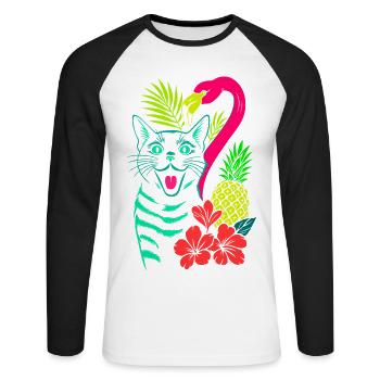 Tropical Cat & Flamingo - Summer 2025 - Unisex Long Sleeve Baseball T-Shirt - white/black - Front - Nik (191cm)