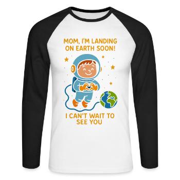 Mom I’m Landing Soon Baby Boy Space Pregnancy  - Unisex Long Sleeve Baseball T-Shirt - white/black - Front - Nik (191cm)