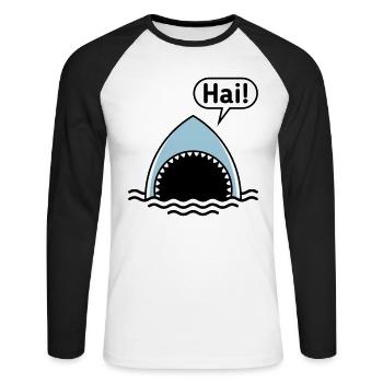 Hai! (Haifisch / Sprechblase / Comic / Cartoon) - Unisex Baseballshirt langarm - Weiß/Schwarz - Vorne - Nik (191cm)
