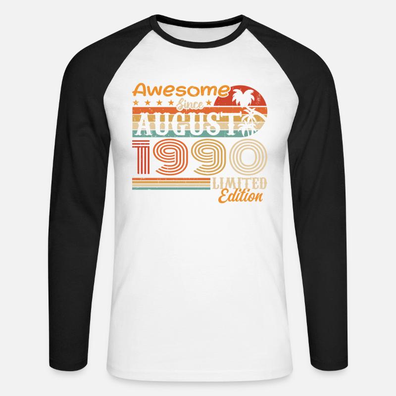 1990 August Geschenkidee August 1990 - Unisex Baseballshirt langarm - Weiß/Schwarz