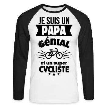 Papa génial & cycliste – idée fête des pères - T-shirt baseball manches longues Homme - blanc/noir - Devant - Nik (191cm)