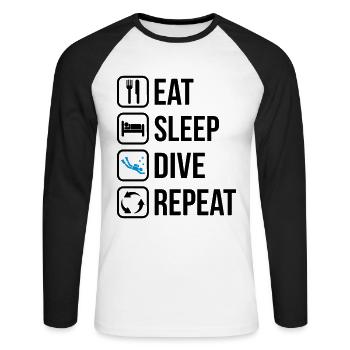 Eat Sleep Dive Repeat - Unisex Baseballshirt langarm - Weiß/Schwarz - Vorne - Nik (191cm)