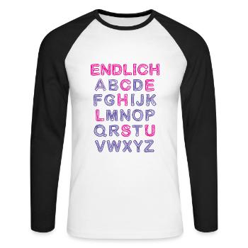 ENDLICH SCHULE Buchstaben ABC Outfit Schüler - Unisex Baseballshirt langarm - Weiß/Schwarz - Vorne - Nik (191cm)