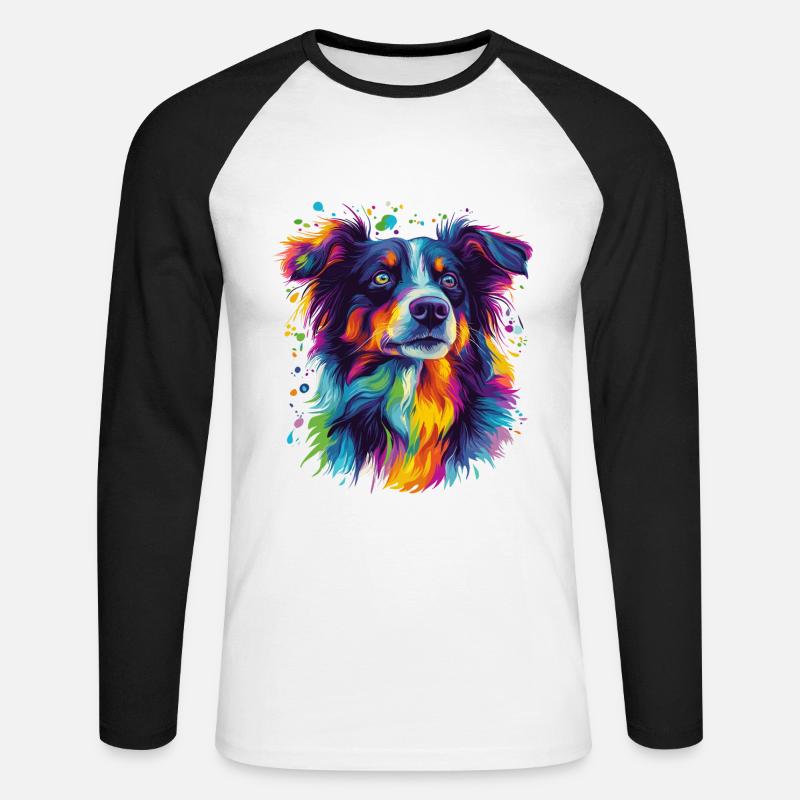 Porträt eines psychedelischen Australian Shepherds - Unisex Baseballshirt langarm - Weiß/Schwarz