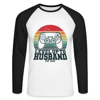 Level Up To Husband Est. 2023 Gaming Gamer - T-shirt baseball manches longues Homme - blanc/noir - Devant - Nik (191cm)