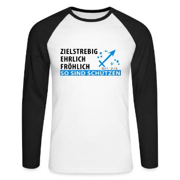Sternzeichen Schütze - Eigenschaft - Unisex Baseballshirt langarm - Weiß/Schwarz - Vorne - Nik (191cm)