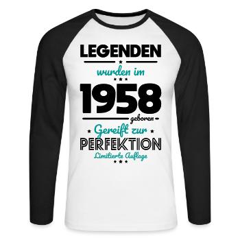 65. Geburtstag - Legenden wurden im 1958 - Unisex Baseballshirt langarm - Weiß/Schwarz - Vorne - Nik (191cm)