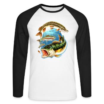 Angel Shirt Fishing 3 Fische getrennt - Unisex Baseballshirt langarm - Weiß/Schwarz - Vorne - Nik (191cm)