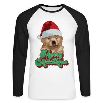 Cadeau de Noël Mignon Drôle de chien Chapeau de Père Noël Joyeux Noël - T-shirt baseball manches longues Homme - blanc/noir - Devant - Nik (191cm)