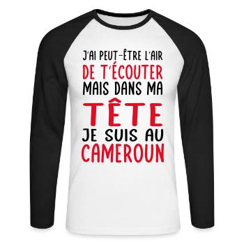 Dans ma tête je suis au Cameroun - Cadeau humour - T-shirt baseball manches longues Homme - blanc/noir - Devant - Nik (191cm)