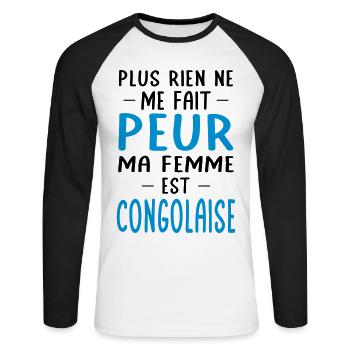 Rien ne me fait peur ma femme est Congolaise - T-shirt baseball manches longues Homme - blanc/noir - Devant - Nik (191cm)