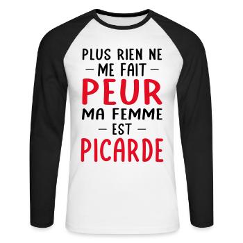 Rien ne me fait peur ma femme est Picarde - T-shirt baseball manches longues Homme - blanc/noir - Devant - Nik (191cm)