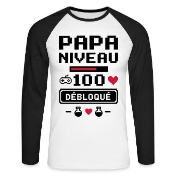 Papa niveau 100 Geek Gamer Gaming fête des pères - T-shirt baseball manches longues Homme - blanc/noir - Devant - Nik (191cm)