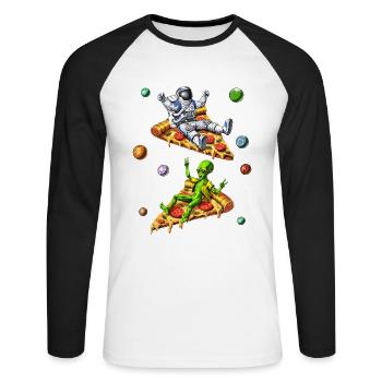 Astronaut And Alien Riding Pizza - Unisex Long Sleeve Baseball T-Shirt - white/black - Front - Nik (191cm)