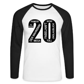 20. Geburtstag Wow Lustiges Motiv Nummer Ziffer 20 - Unisex Baseballshirt langarm - Weiß/Schwarz - Vorne - Nik (191cm)