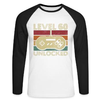 Level 60 freigeschaltet Geburtstagsgeschenk 60 Jahre - Unisex Baseballshirt langarm - Weiß/Schwarz - Vorne - Nik (191cm)