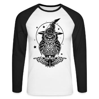 Eule mit Hexenhut und Sternen im Herbst - Unisex Baseballshirt langarm - Weiß/Schwarz - Vorne - Nik (191cm)