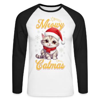 Chat Noël Joyeux Miaou Catmas Moche Mignon - T-shirt baseball manches longues Homme - blanc/noir - Devant - Nik (191cm)