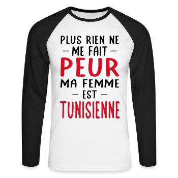 Rien ne me fait peur ma femme est Tunisienne - T-shirt baseball manches longues Homme - blanc/noir - Devant - Nik (191cm)