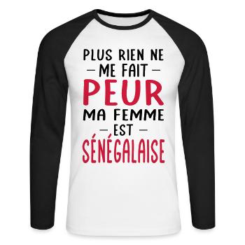 Rien ne me fait peur ma femme est Sénégalaise - T-shirt baseball manches longues Homme - blanc/noir - Devant - Nik (191cm)