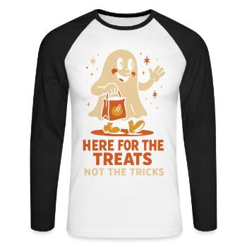 Hier für die Leckereien, nicht für die Tricks, süßes Halloween - Unisex Baseballshirt langarm - Weiß/Schwarz - Vorne - Nik (191cm)