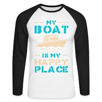 Boot als Happy Place – maritimes Motiv - Unisex Baseballshirt langarm - Weiß/Schwarz - Vorne - Nik (191cm)