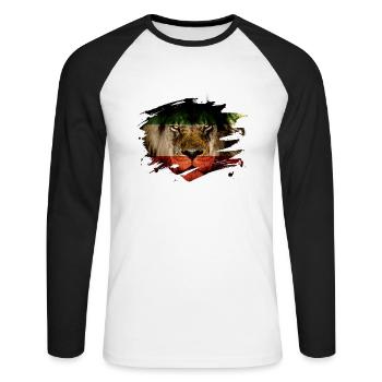 Drapeau Perse et photo de lion d'Afrique - T-shirt baseball manches longues Homme - blanc/noir - Devant - Nik (191cm)