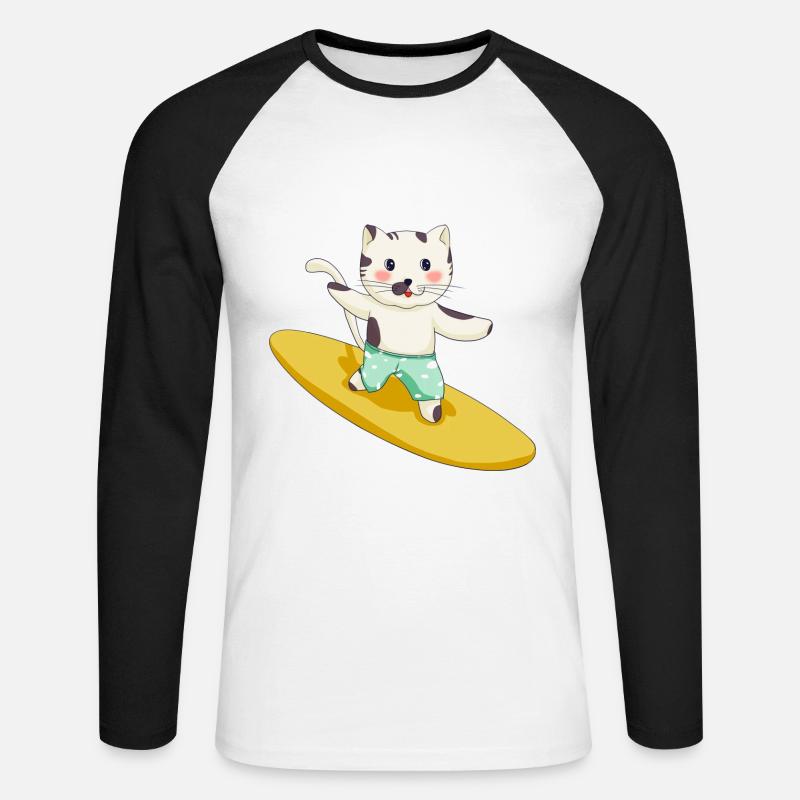 Gatto surf divertente - Maglia da baseball a manica lunga da uomo - bianco/nero