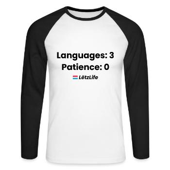 Langues : 3, Patience : 0 – Humour multilingue - T-shirt baseball manches longues Homme - blanc/noir - Devant - Nik (191cm)