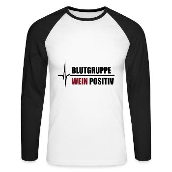 Blutgruppe Wein Positiv - da steigt dein Puls - Unisex Baseballshirt langarm - Weiß/Schwarz - Vorne - Nik (191cm)