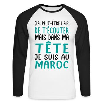 Dans ma tête je suis au Maroc - Cadeau humour - T-shirt baseball manches longues Homme - blanc/noir - Devant - Nik (191cm)