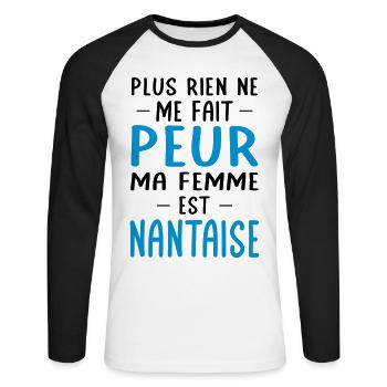 Rien ne me fait peur ma femme est Nantaise - T-shirt baseball manches longues Homme - blanc/noir - Devant - Nik (191cm)