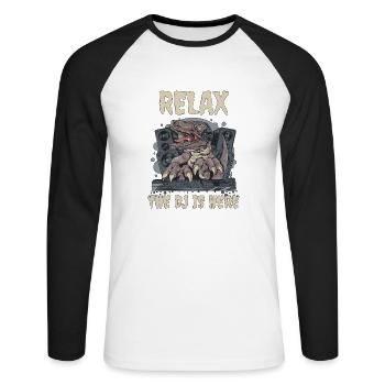 DJ Disc Jockey DJing Techno Club Dino T-Rex - Unisex Baseballshirt langarm - Weiß/Schwarz - Vorne - Nik (191cm)