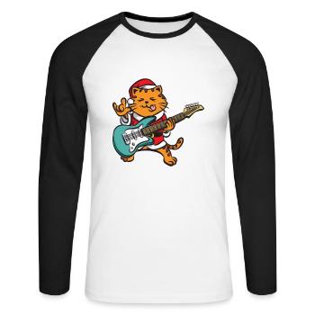 Guitariste Guitare Comic Cat Noël - T-shirt baseball manches longues Homme - blanc/noir - Devant - Nik (191cm)