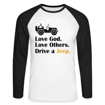 Love God Love Others Drive A Jeeps - Unisex Long Sleeve Baseball T-Shirt - white/black - Front - Nik (191cm)