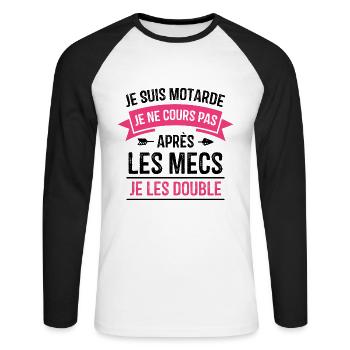 Je suis motarde, Humour cadeau motarde - T-shirt baseball manches longues Homme - blanc/noir - Devant - Nik (191cm)