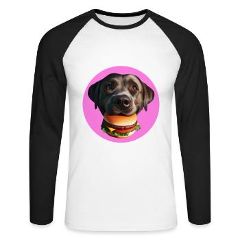 Labrador frisst Hamburger - Unisex Baseballshirt langarm - Weiß/Schwarz - Vorne - Nik (191cm)