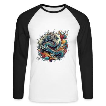 Dragon mystique dans des tourbillons abstraits colorés - T-shirt baseball manches longues Homme - blanc/noir - Devant - Nik (191cm)