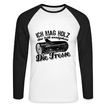 Ich mag Holz das hält wenigstens die Fresse - Unisex Baseballshirt langarm - Weiß/Schwarz - Vorne - Nik (191cm)