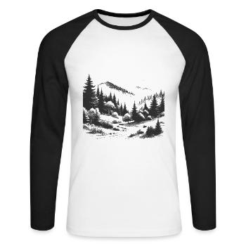 Wald Berge Landschaft Zeichnung - Unisex Baseballshirt langarm - Weiß/Schwarz - Vorne - Nik (191cm)