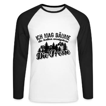 Ich mag Bäume die halten wenigstens die Fresse - Unisex Baseballshirt langarm - Weiß/Schwarz - Vorne - Nik (191cm)