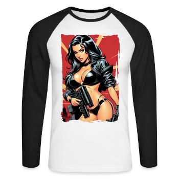 Fille de dessin animé avec pistolet - T-shirt baseball manches longues Homme - blanc/noir - Devant - Nik (191cm)