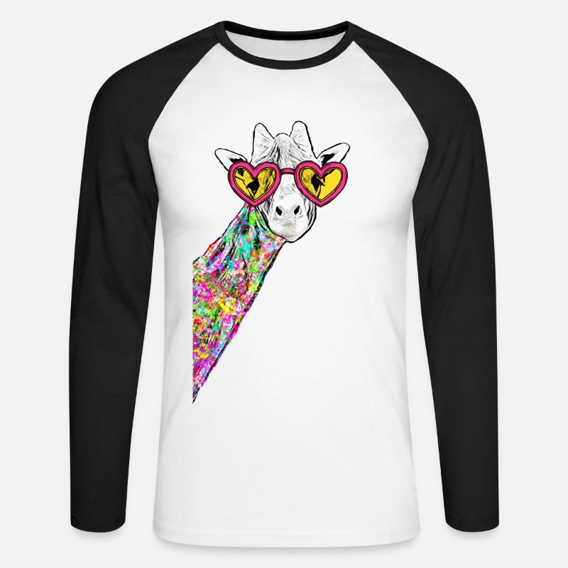 Rita söt giraff färgglada hipster med hjärtglasögon - Långärmad basebolltröja herr - vit/svart