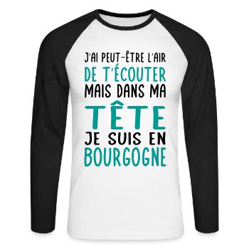 Dans ma tête je suis en Bourgogne - Cadeau humour - T-shirt baseball manches longues Homme - blanc/noir - Devant - Nik (191cm)