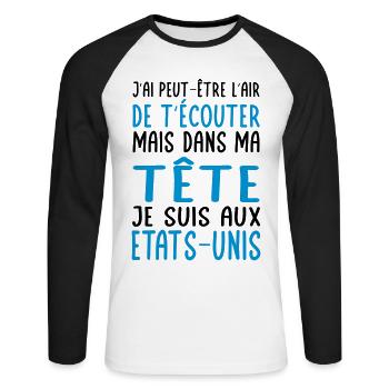Dans ma tête je suis aux Etats-Unis - T-shirt baseball manches longues Homme - blanc/noir - Devant - Nik (191cm)