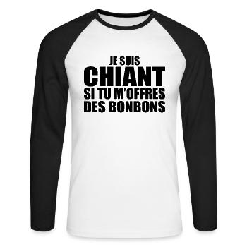 Homme qui adore : Bonbons. Design Drôle Humour - T-shirt baseball manches longues Homme - blanc/noir - Devant - Nik (191cm)